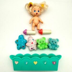 QUINTS Tyco 1990 Baby Doll Set w/ Accessories Bottles Bears Pillows Crib Toy 90s